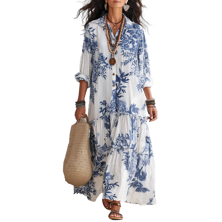 FAYE | Robe Maxi Boutonnée Fleurie Bleue