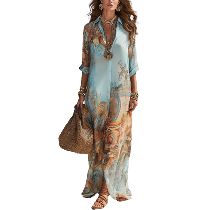 Robe maxi en chiffon bleu à fleurs baroques