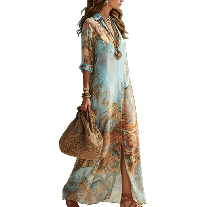 Robe maxi en chiffon bleu à fleurs baroques