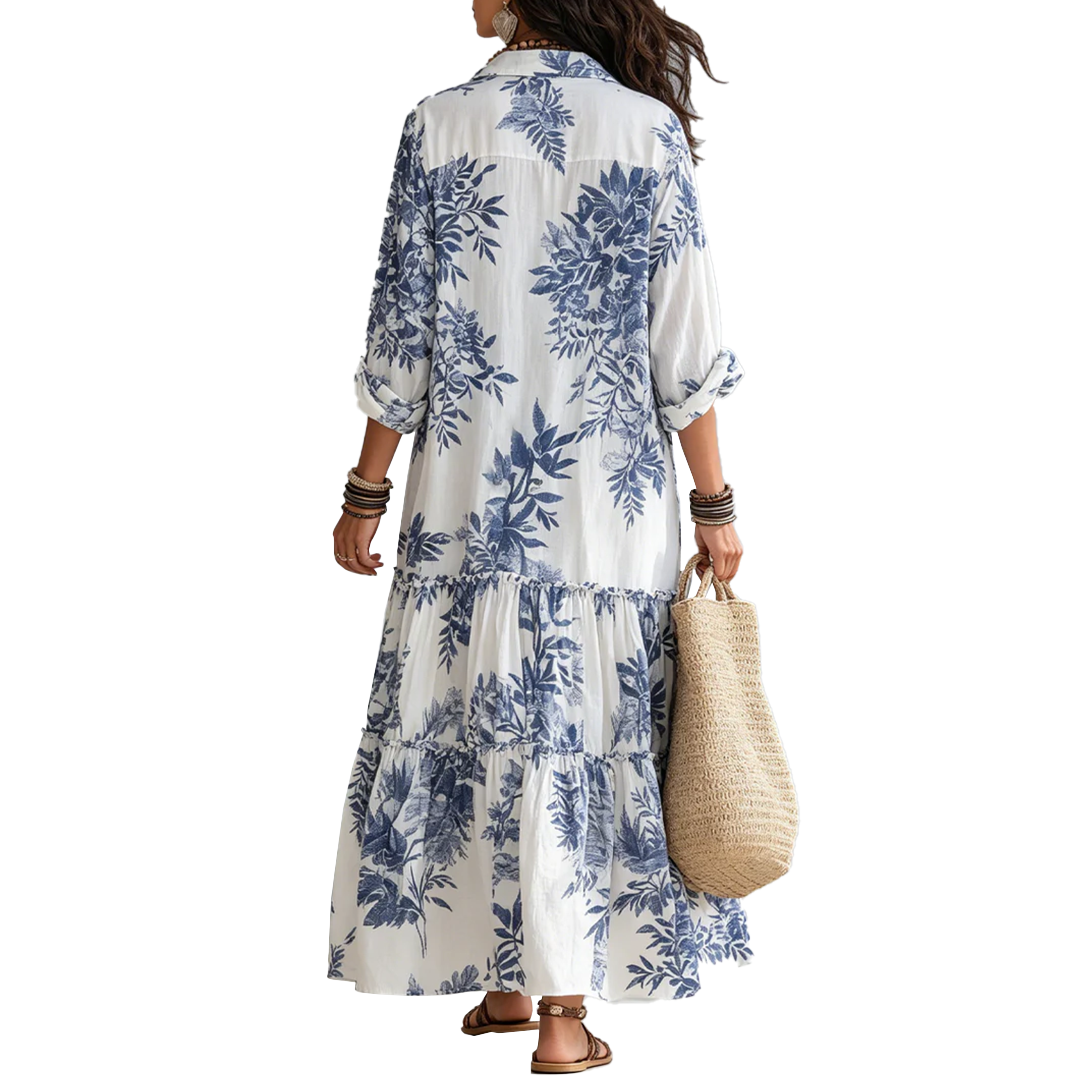 FAYE | Robe Maxi Boutonnée Fleurie Bleue