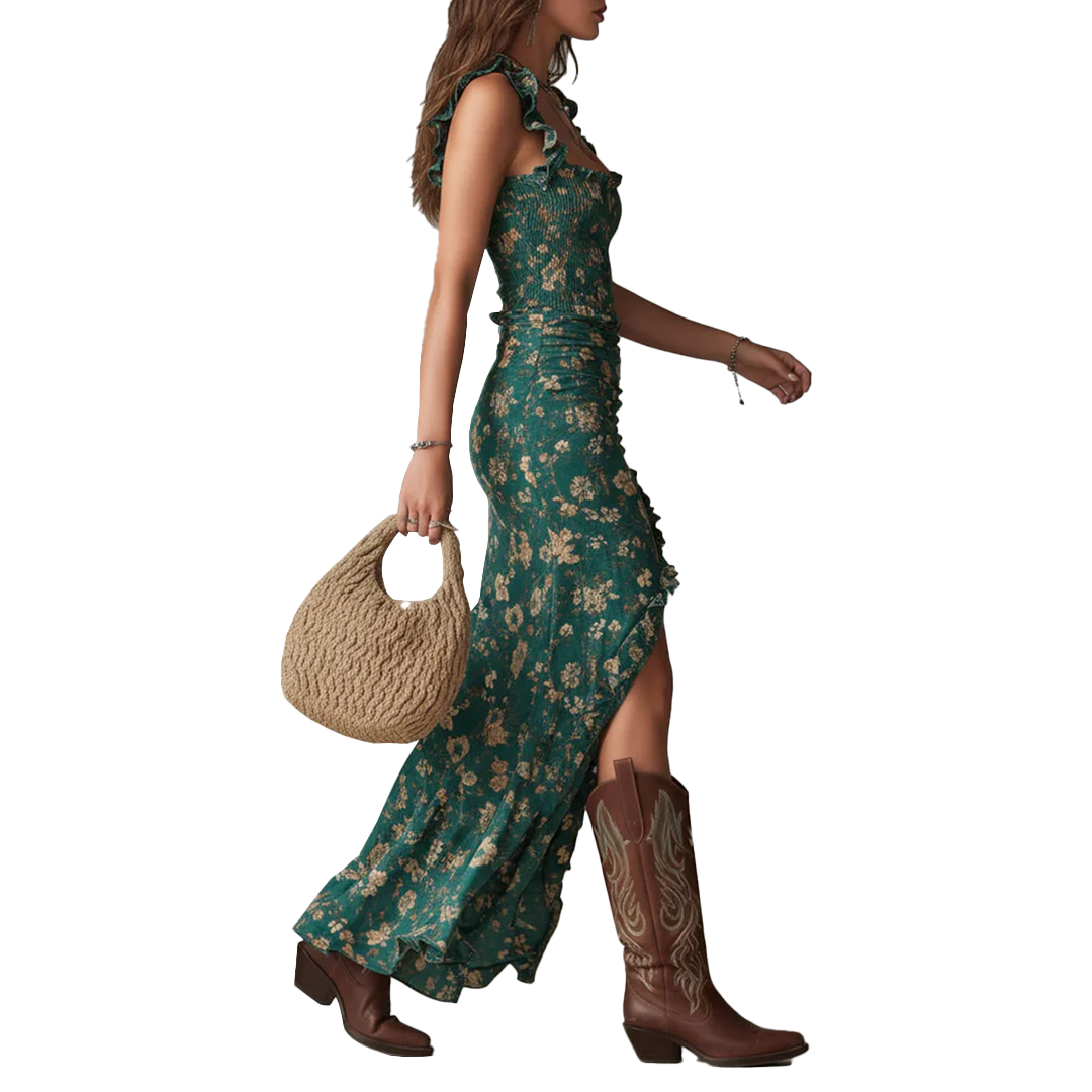 Robe maxi imprimée verte bohémienne avec manches volantes