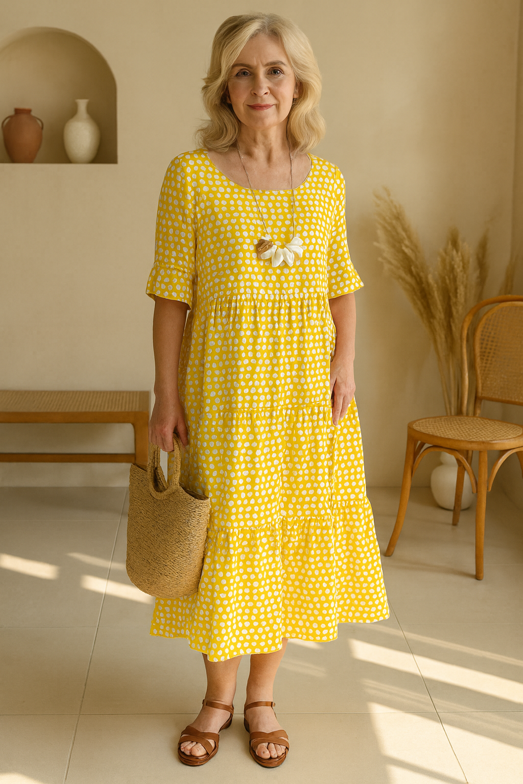 Iris | Robe Midi Couleur Sable à Manches Courtes