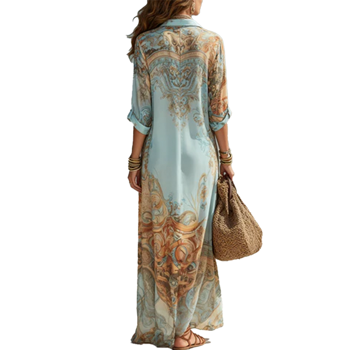 Robe maxi en chiffon bleu à fleurs baroques