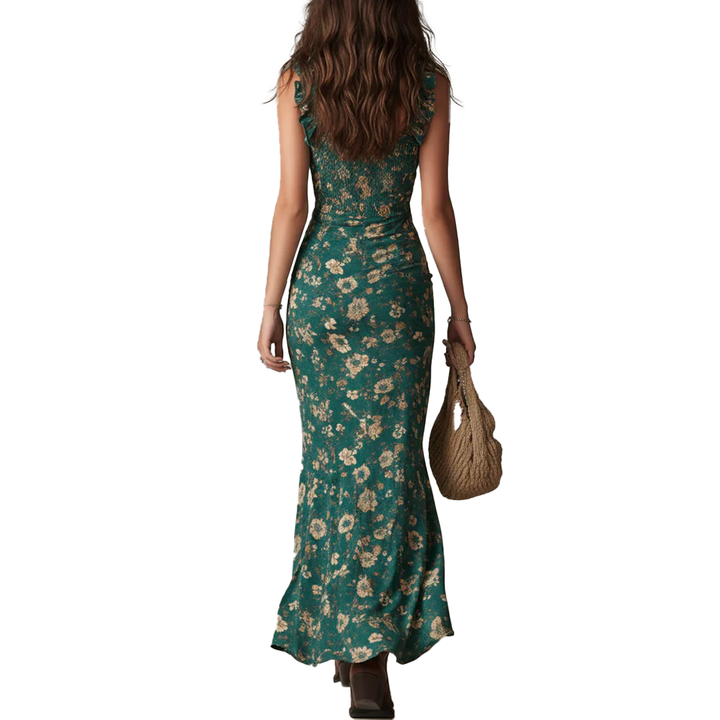 Robe maxi imprimée verte bohémienne avec manches volantes