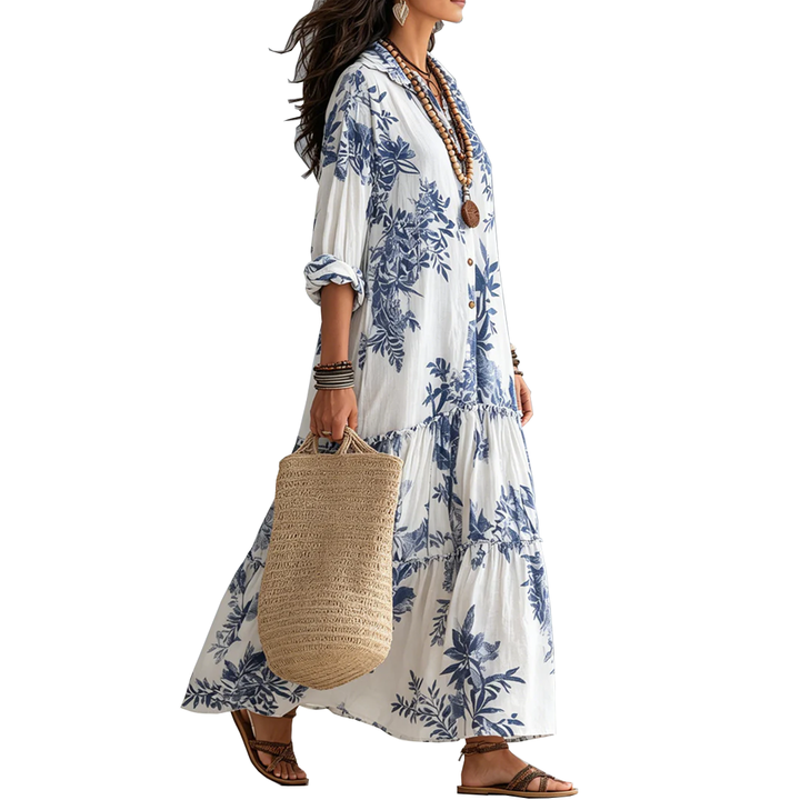 FAYE | Robe Maxi Boutonnée Fleurie Bleue