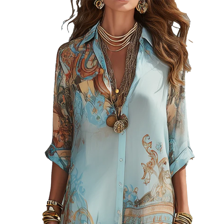 Robe maxi en chiffon bleu à fleurs baroques