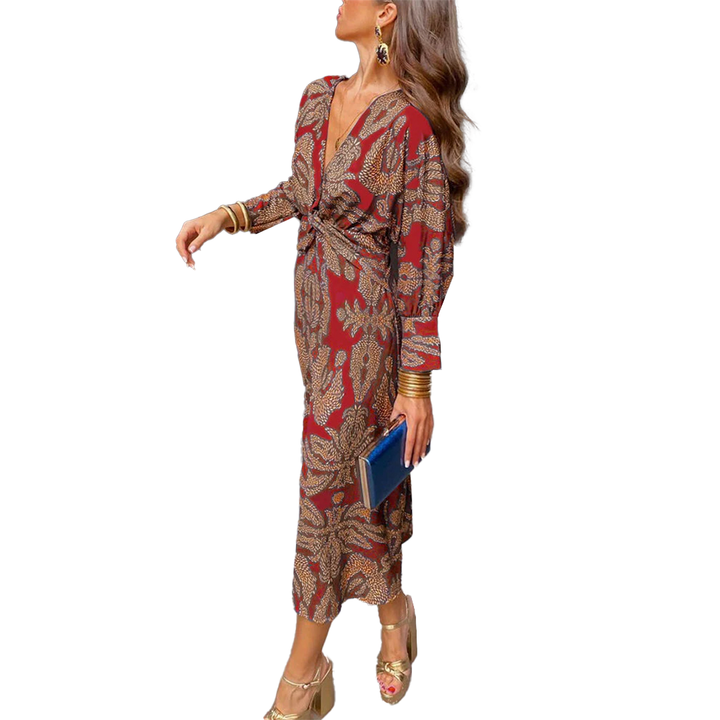 Anita | Robe Maxi Élégante à Manches Longues avec Décolleté en V et Détail Torsadé