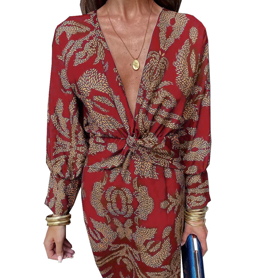 Anita | Robe Maxi Élégante à Manches Longues avec Décolleté en V et Détail Torsadé