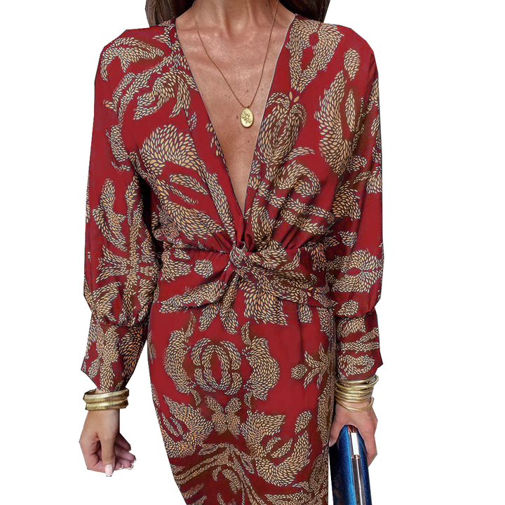 Anita | Robe Maxi Élégante à Manches Longues avec Décolleté en V et Détail Torsadé