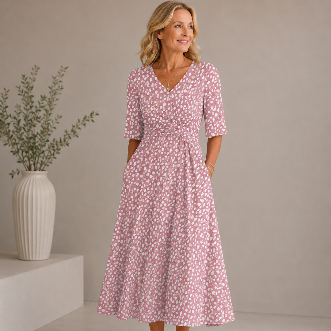 COLETTE | ROBE MIDI À POIS ÉLÉGANTE ET FLATTEUSE POUR LE VENTRE