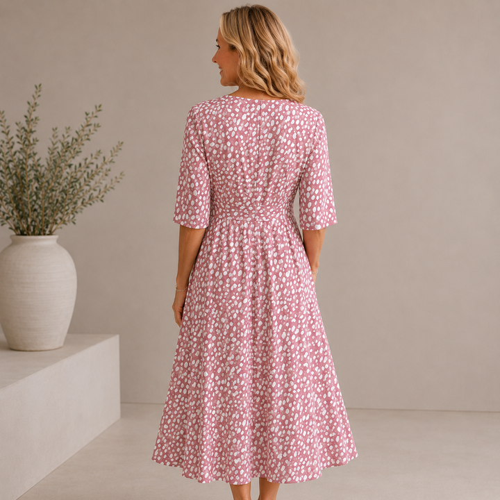 COLETTE | ROBE MIDI À POIS ÉLÉGANTE ET FLATTEUSE POUR LE VENTRE