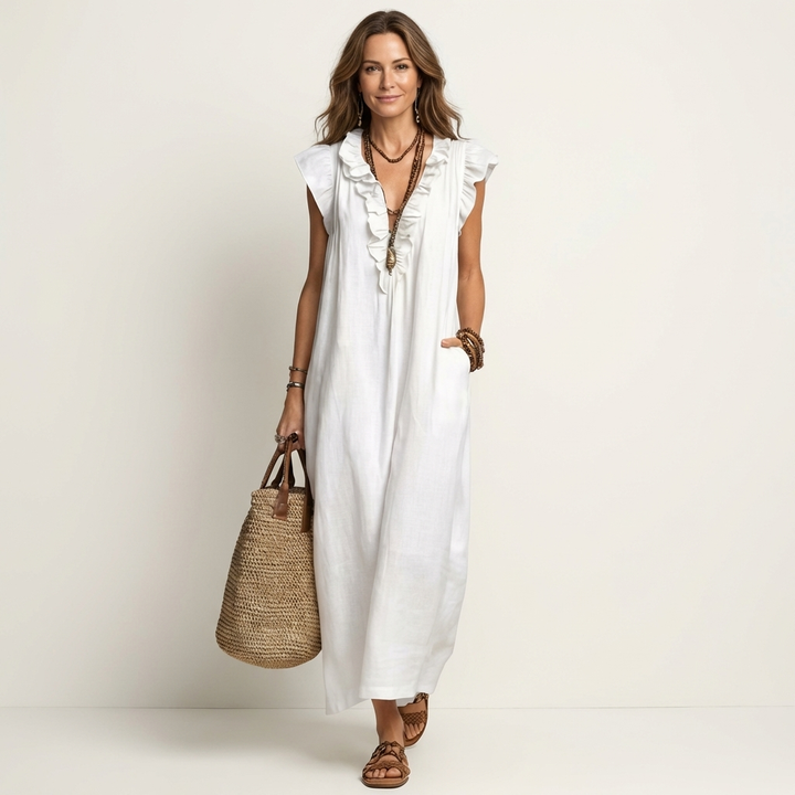 Josette | Robe Maxi en Lin à Col V Volanté