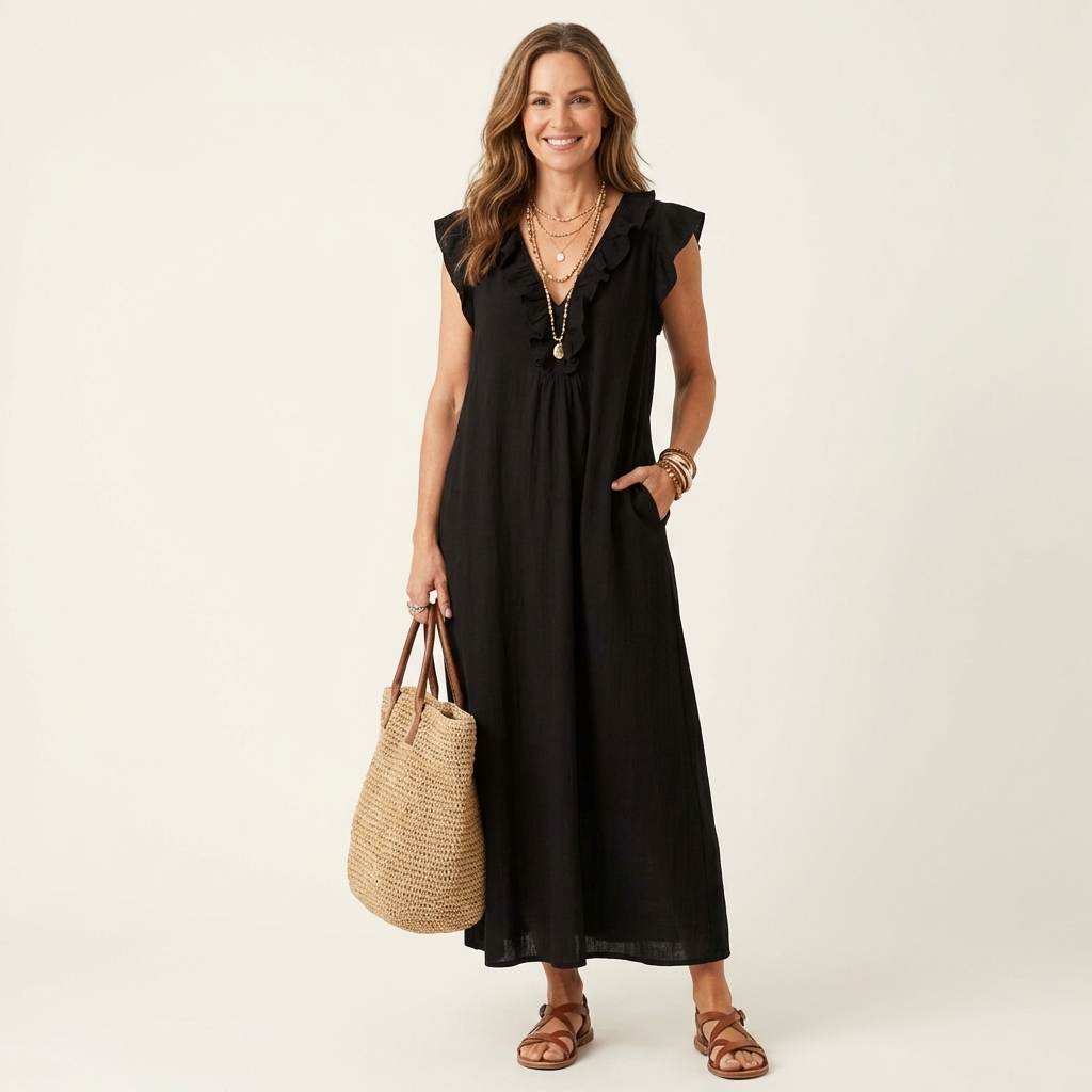 Josette | Robe Maxi en Lin à Col V Volanté