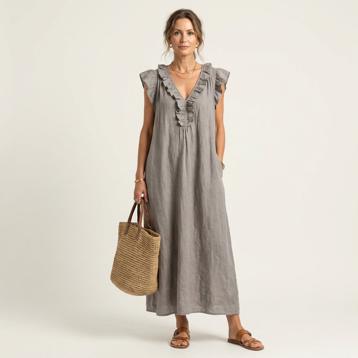 Josette | Robe Maxi en Lin à Col V Volanté