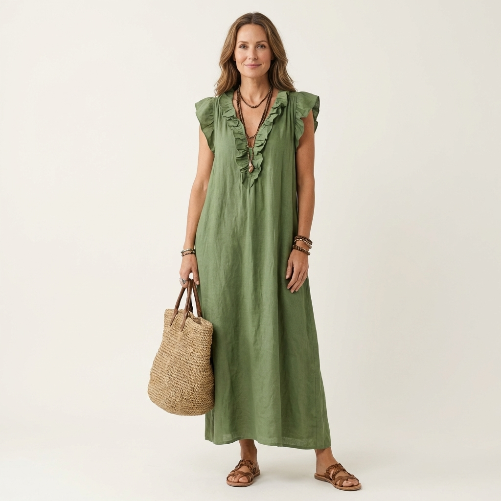 Josette | Robe Maxi en Lin à Col V Volanté