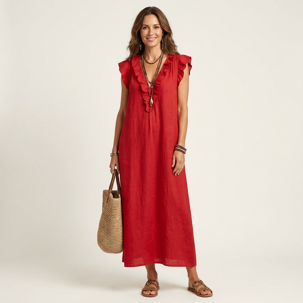 Josette | Robe Maxi en Lin à Col V Volanté