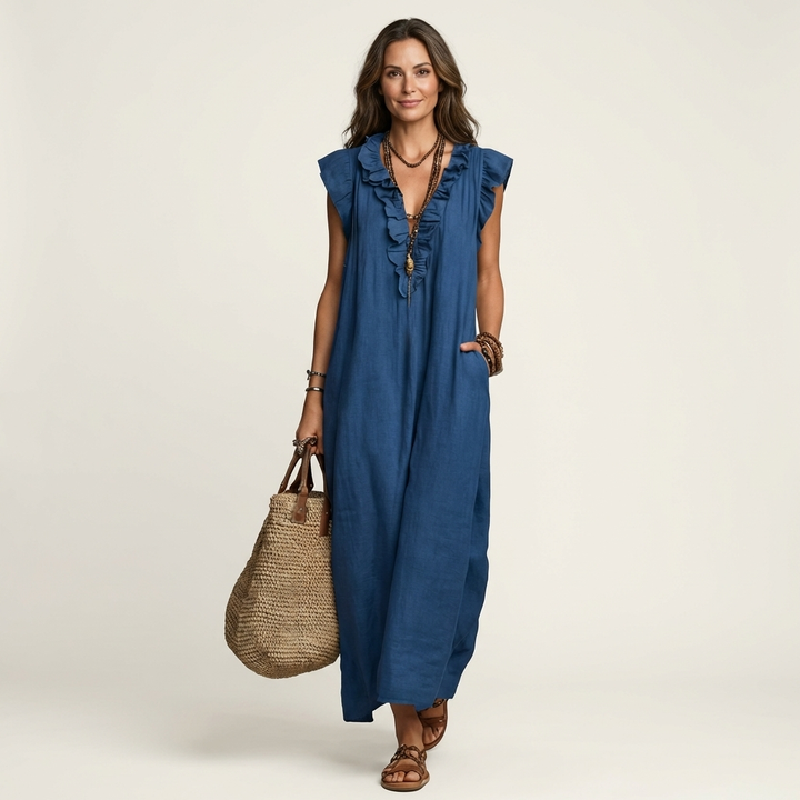 Josette | Robe Maxi en Lin à Col V Volanté