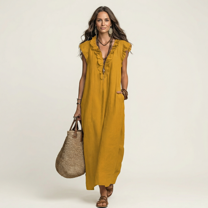 Josette | Robe Maxi en Lin à Col V Volanté