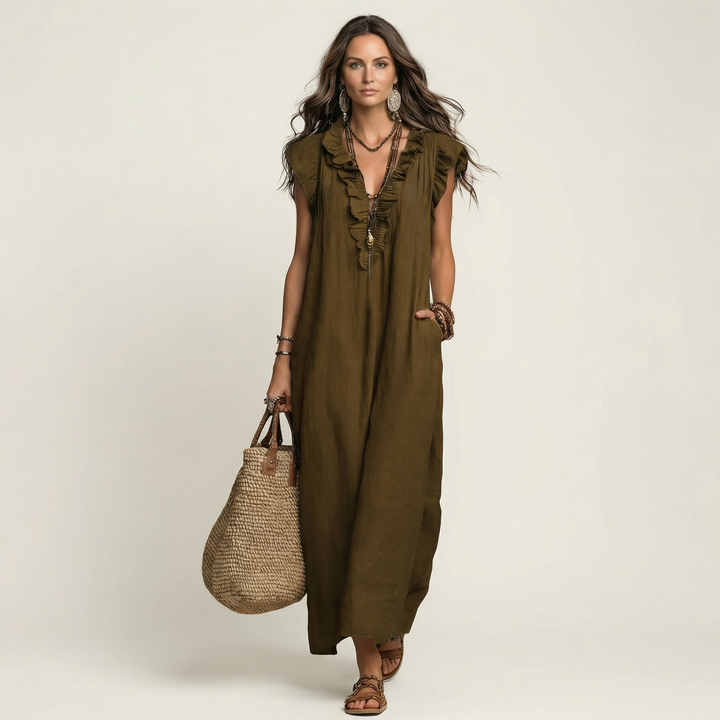 Josette | Robe Maxi en Lin à Col V Volanté