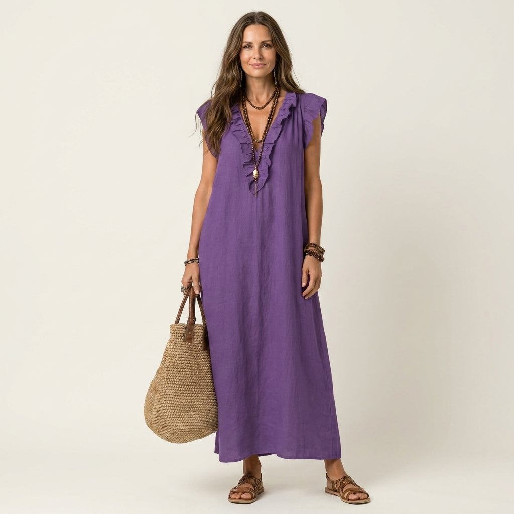 Josette | Robe Maxi en Lin à Col V Volanté