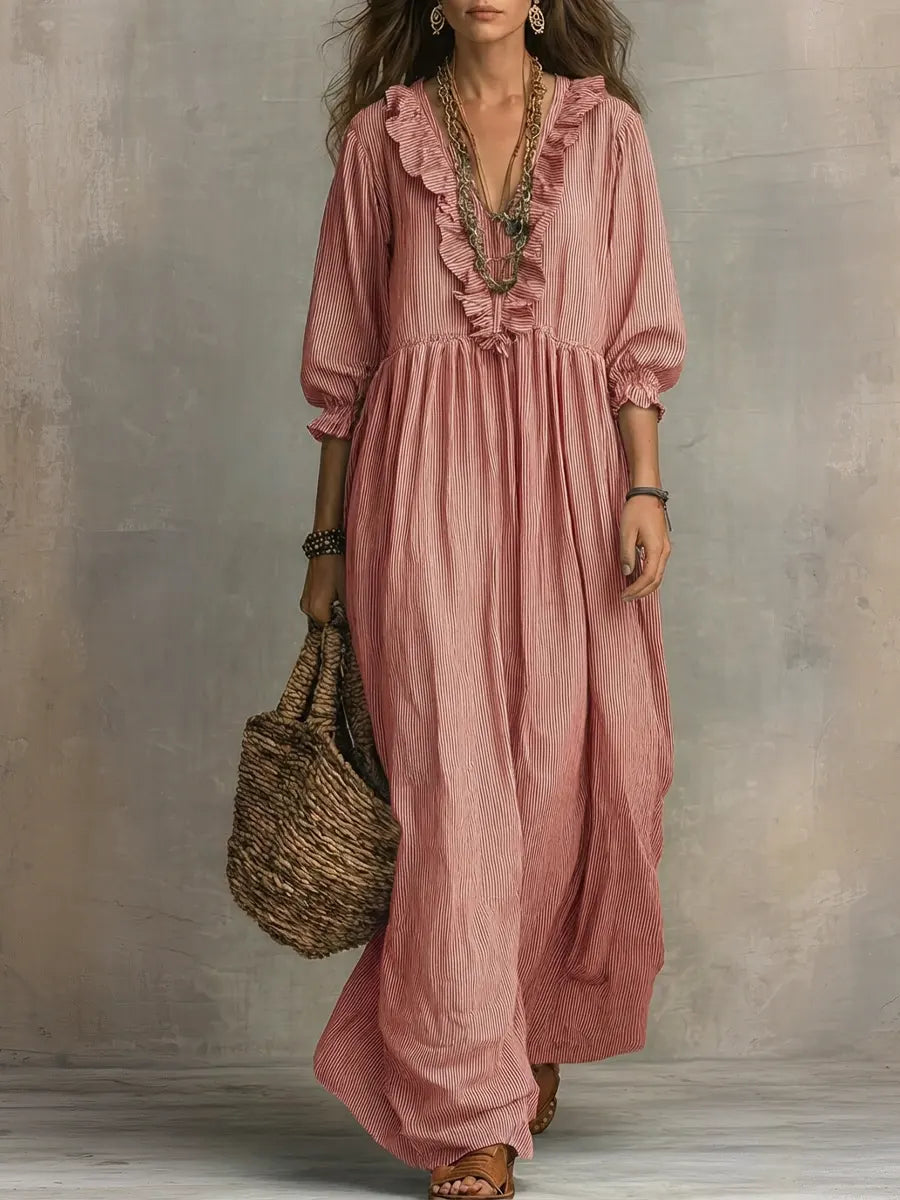 Clara | Robe Maxi Rayée À Volants Style Bohème